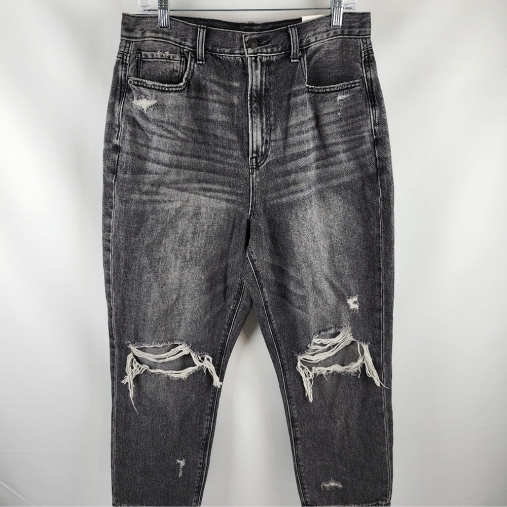 American Eagle Jeans Women 12 Highest Rise Mom Black Denim Distressed Grunge